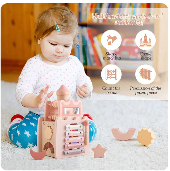 Montessori Wooden Castle Pink House Blocks Baby Puzzle Game Early Education Props Multifunctional Toy Baby Gifts