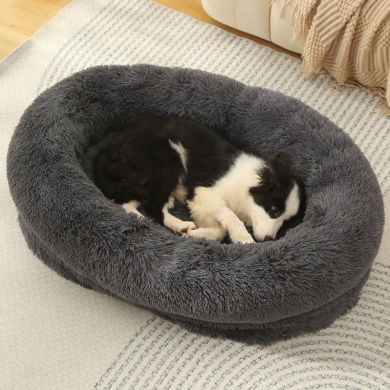 Fluffy Donut-Shaped Pet Bed- Soft, Cozy, and Anti-Anxiety for Dogs and Cats, Machine Washable Dark Gray  Size: 90*65*20cm