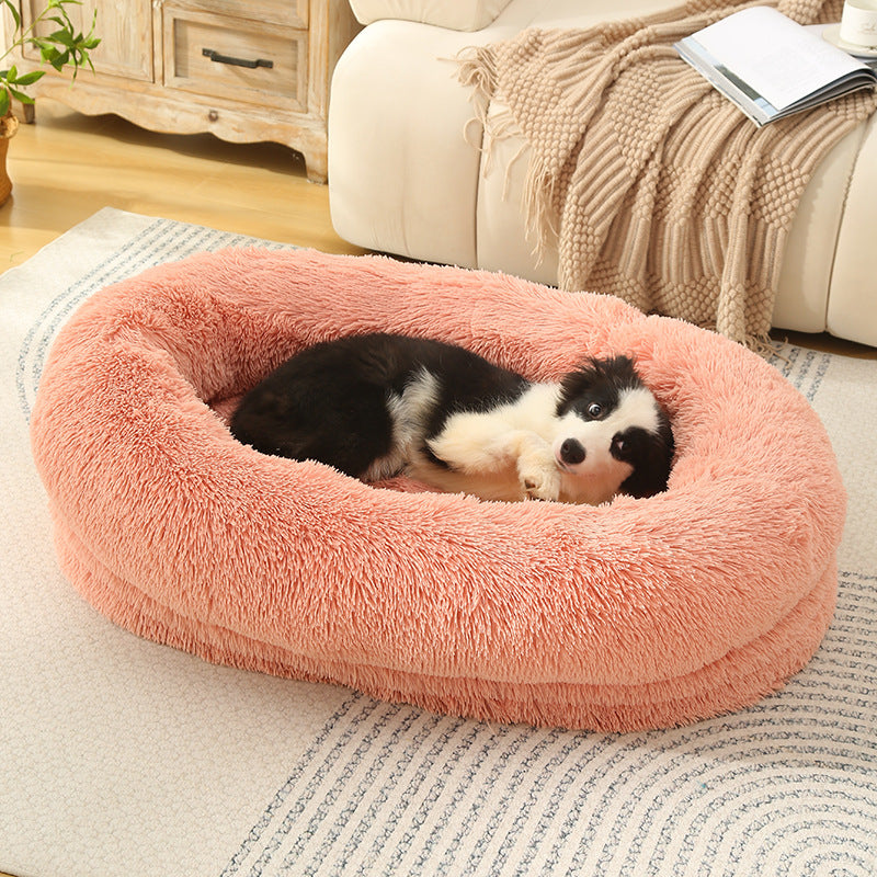 Fluffy Donut-Shaped Pet Bed- Soft, Cozy, and Anti-Anxiety for Dogs and Cats, Machine Washable  blush pink  Size: 90*65*20cm