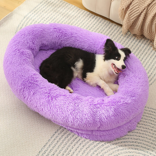 Fluffy Donut-Shaped Pet Bed- Soft, Cozy, and Anti-Anxiety for Dogs and Cats, Machine Washable  Purple  Size: 90*65*20cm