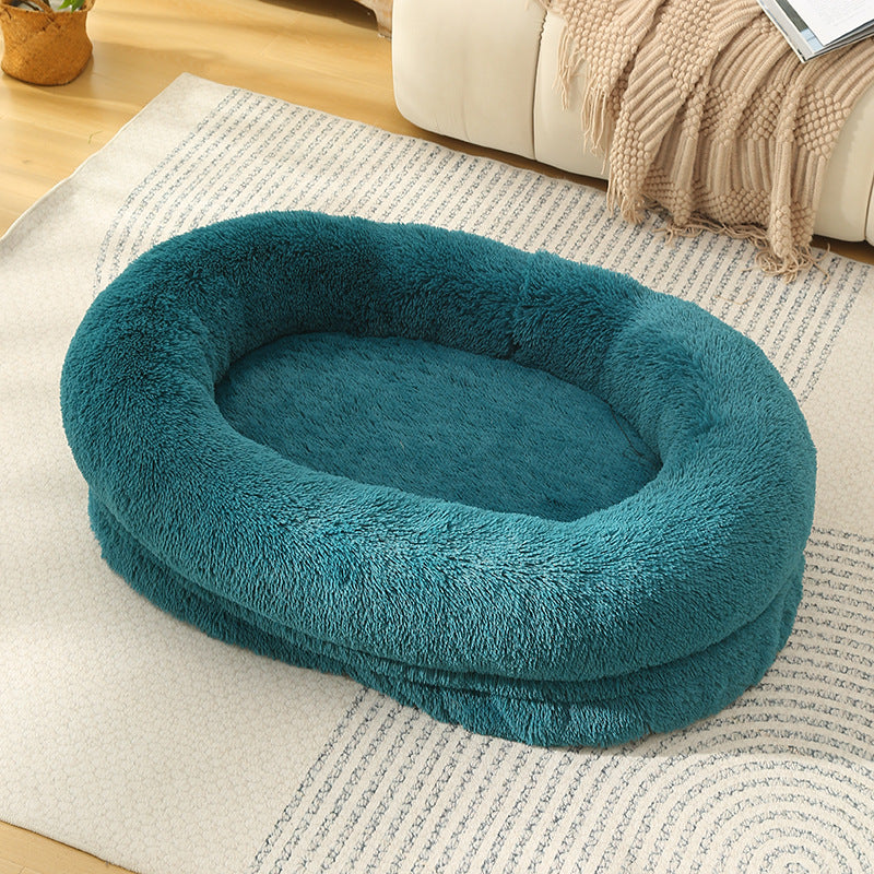 Fluffy Donut-Shaped Pet Bed- Soft, Cozy, and Anti-Anxiety for Dogs and Cats, Machine Washable  cyan blue Size: 90*65*20cm