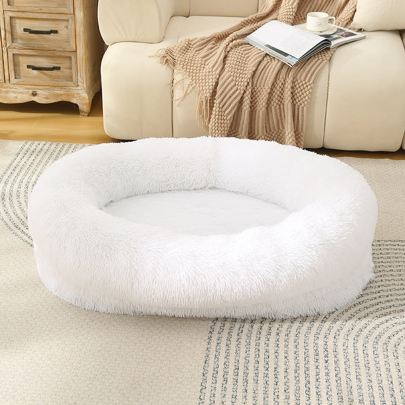 Fluffy Donut-Shaped Pet Bed- Soft, Cozy, and Anti-Anxiety for Dogs and Cats, Machine Washable  White Size: 90*65*20cm