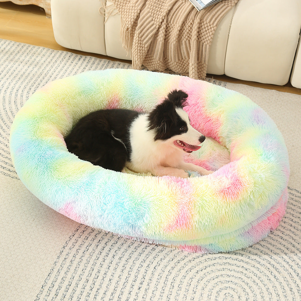 Fluffy Donut-Shaped Pet Bed- Soft, Cozy, and Anti-Anxiety for Dogs and Cats, Machine Washable  Rainbow-colored Size: 90*65*20cm