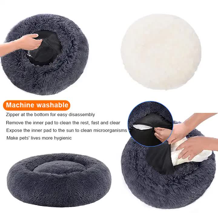 Calming Donut Pet Bed -Soft Faux Fur, Anti-Anxiety Fluffy Round Bed for Cats and Small Dogs (Black)50cm