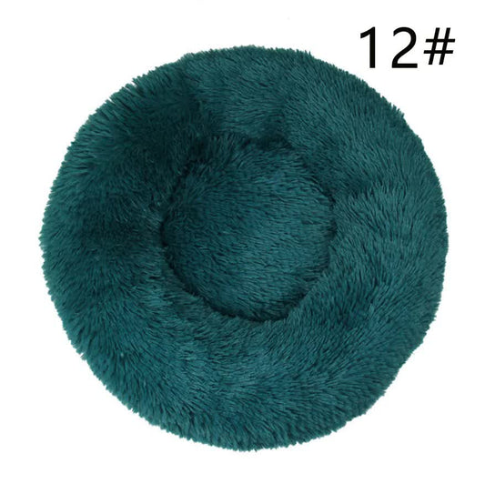 Calming Donut Pet Bed -Soft Faux Fur, Anti-Anxiety Fluffy Round Bed for Cats and Small Dogs (cyan blue)50cm